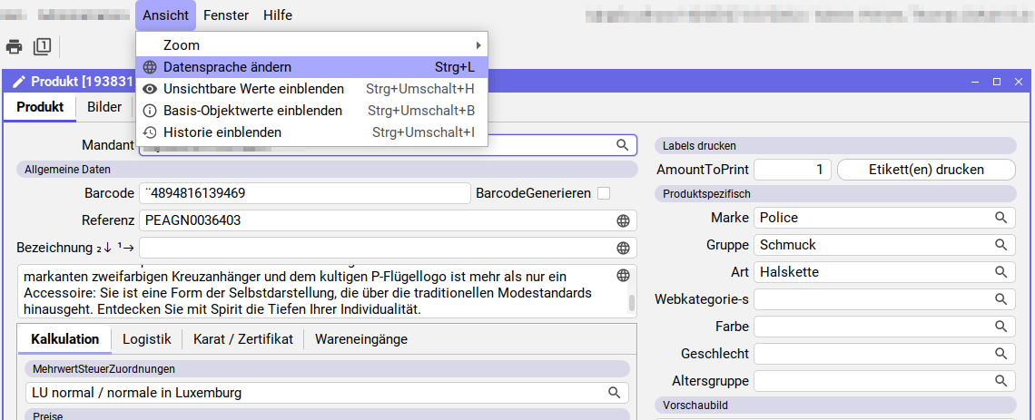 „Datensprache ändern“-Menüeintrag im „Ansicht“-Menü